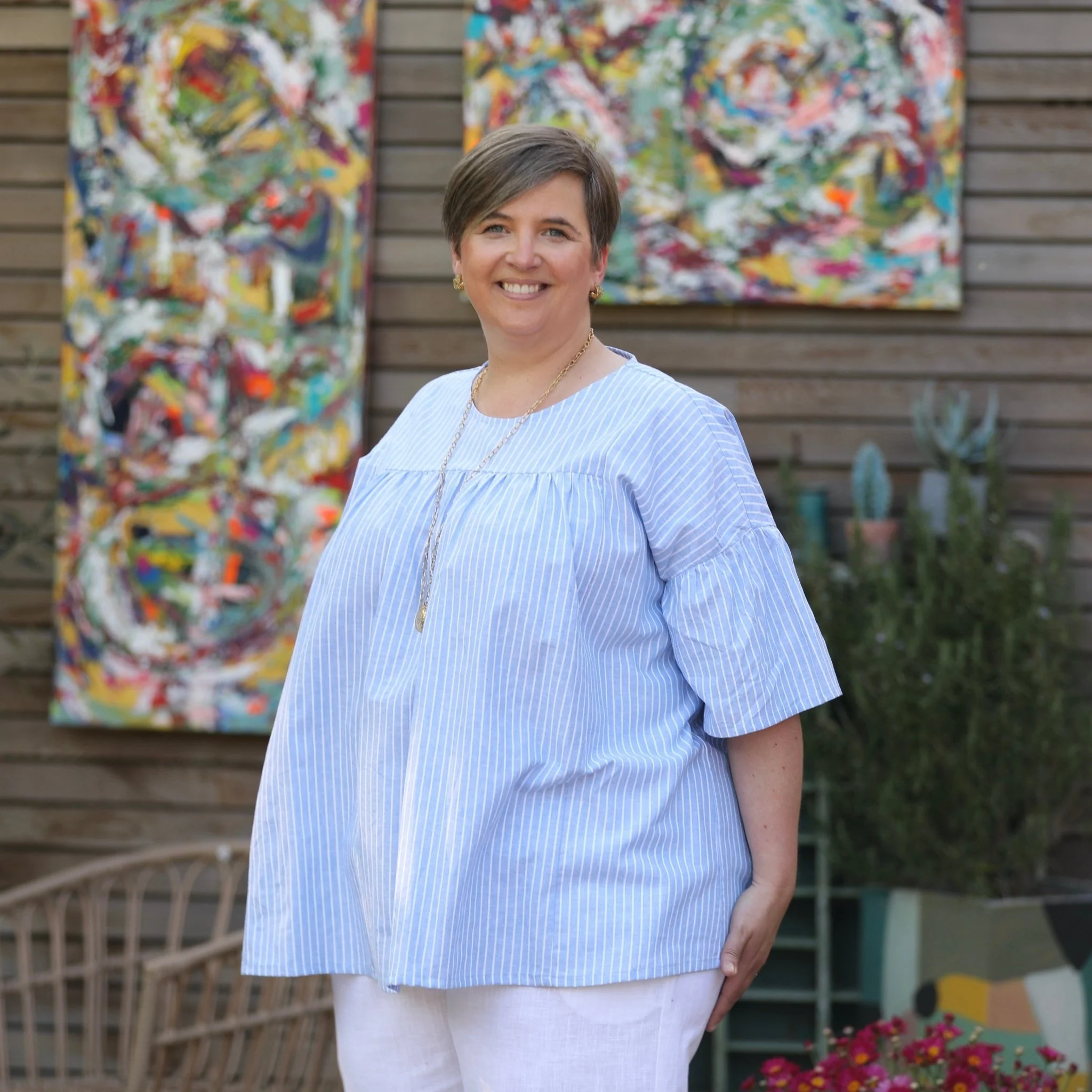 Blouse Léopoldine -  lin/coton rayure bleu lumineux - Image 3