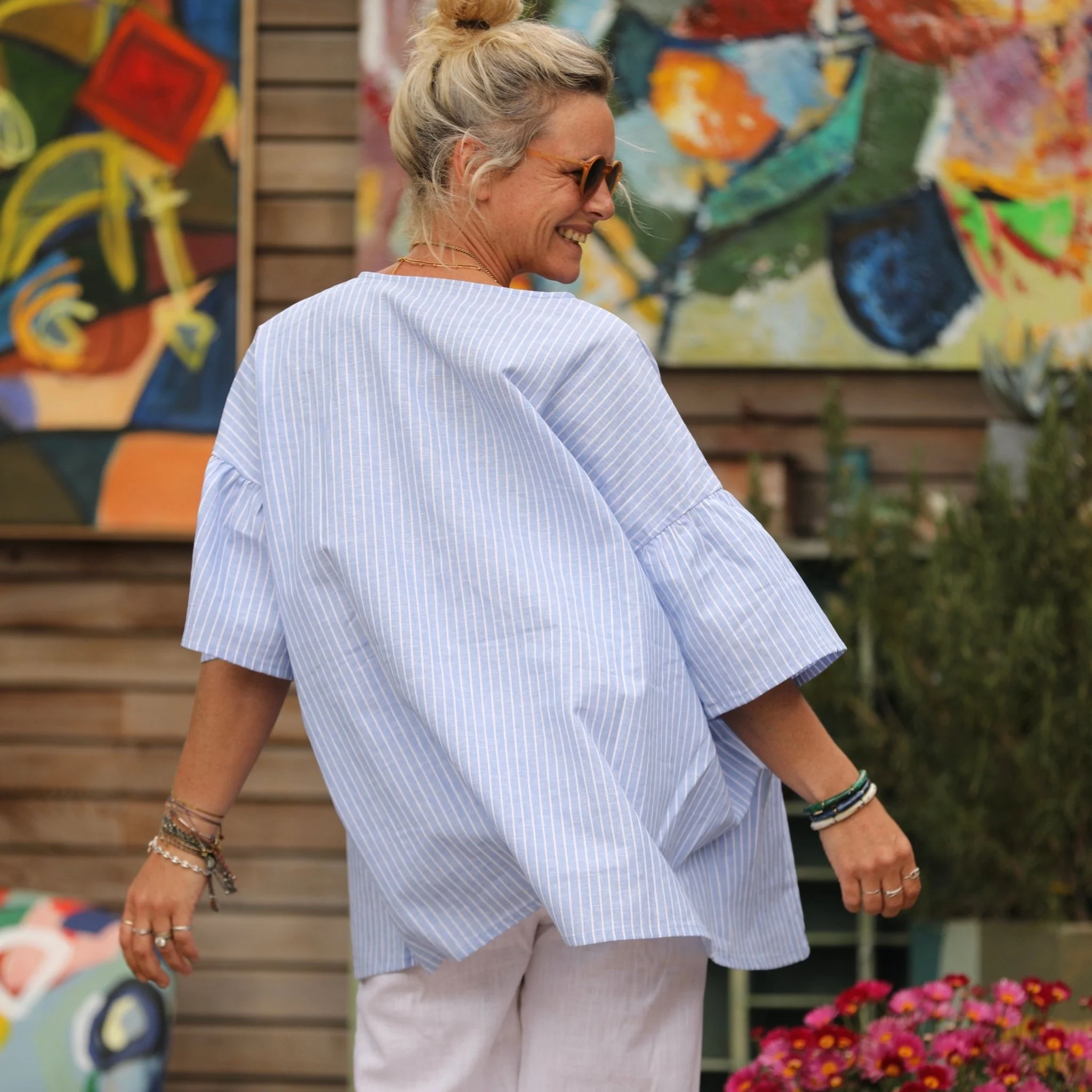 Blouse Léopoldine -  lin/coton rayure bleu lumineux - Image 5