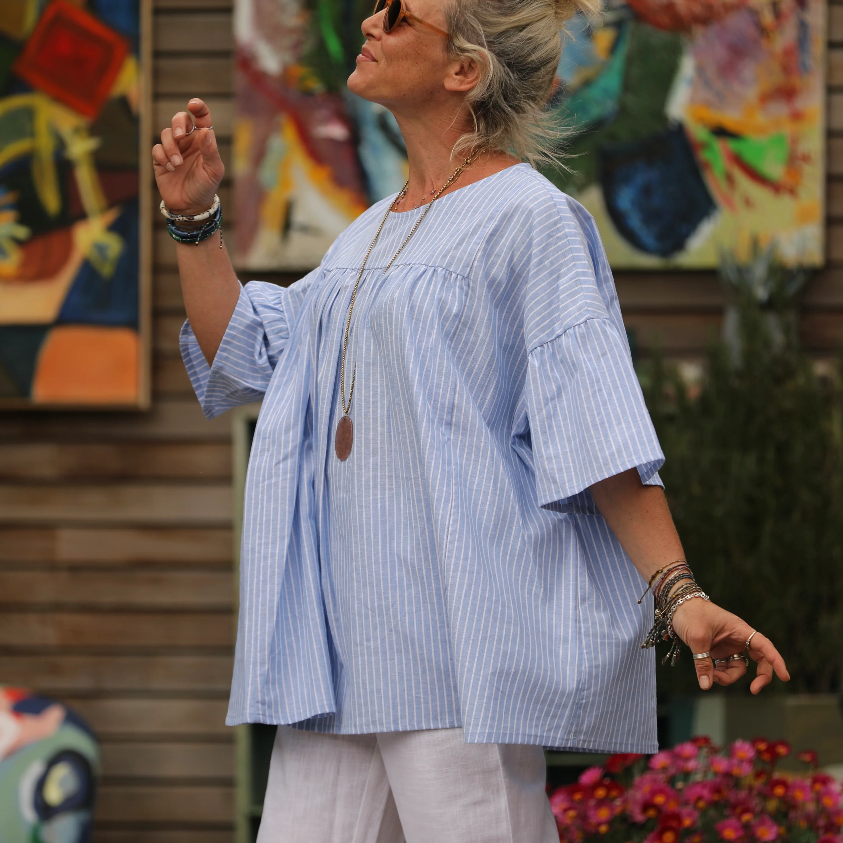 Blouse Léopoldine -  lin/coton rayure bleu lumineux - Image 7