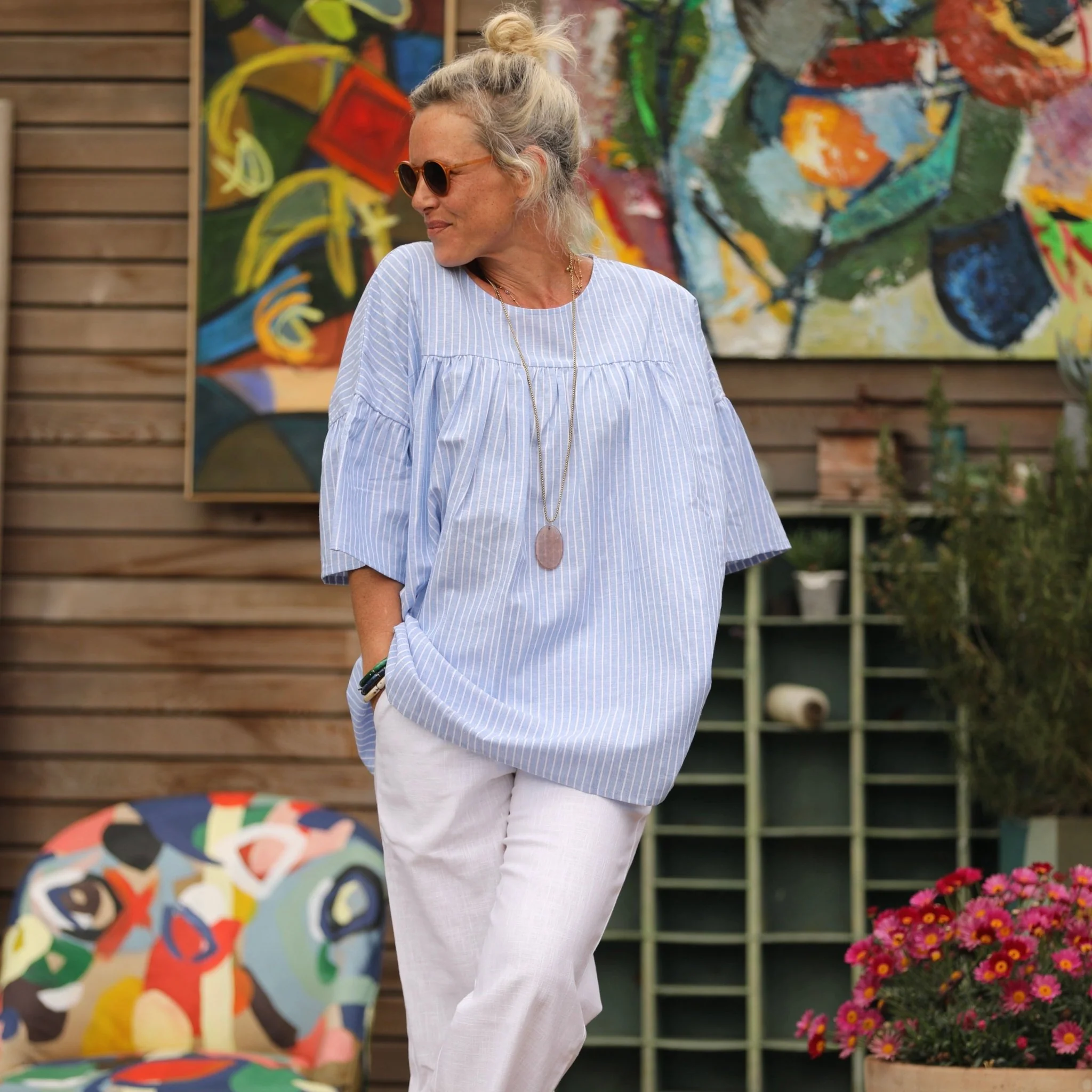 Blouse Léopoldine -  lin/coton rayure bleu lumineux - Image 8