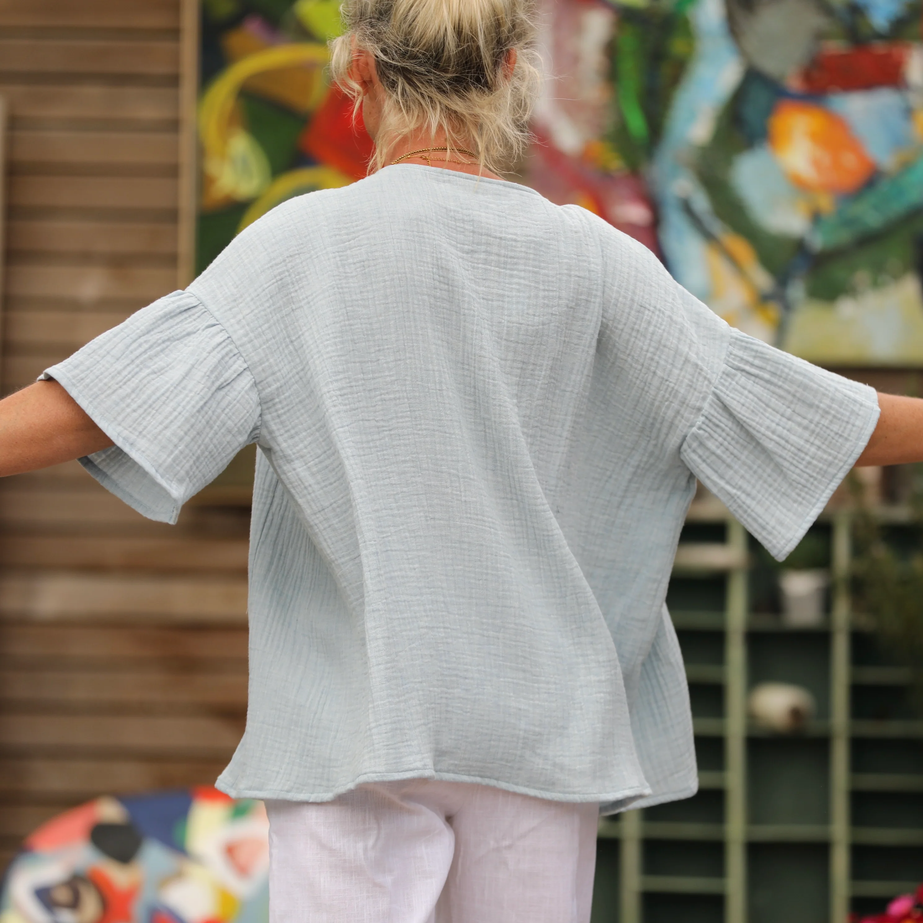 Blouse Léopoldine - double gaze de coton chinée bleu doux - Image 3