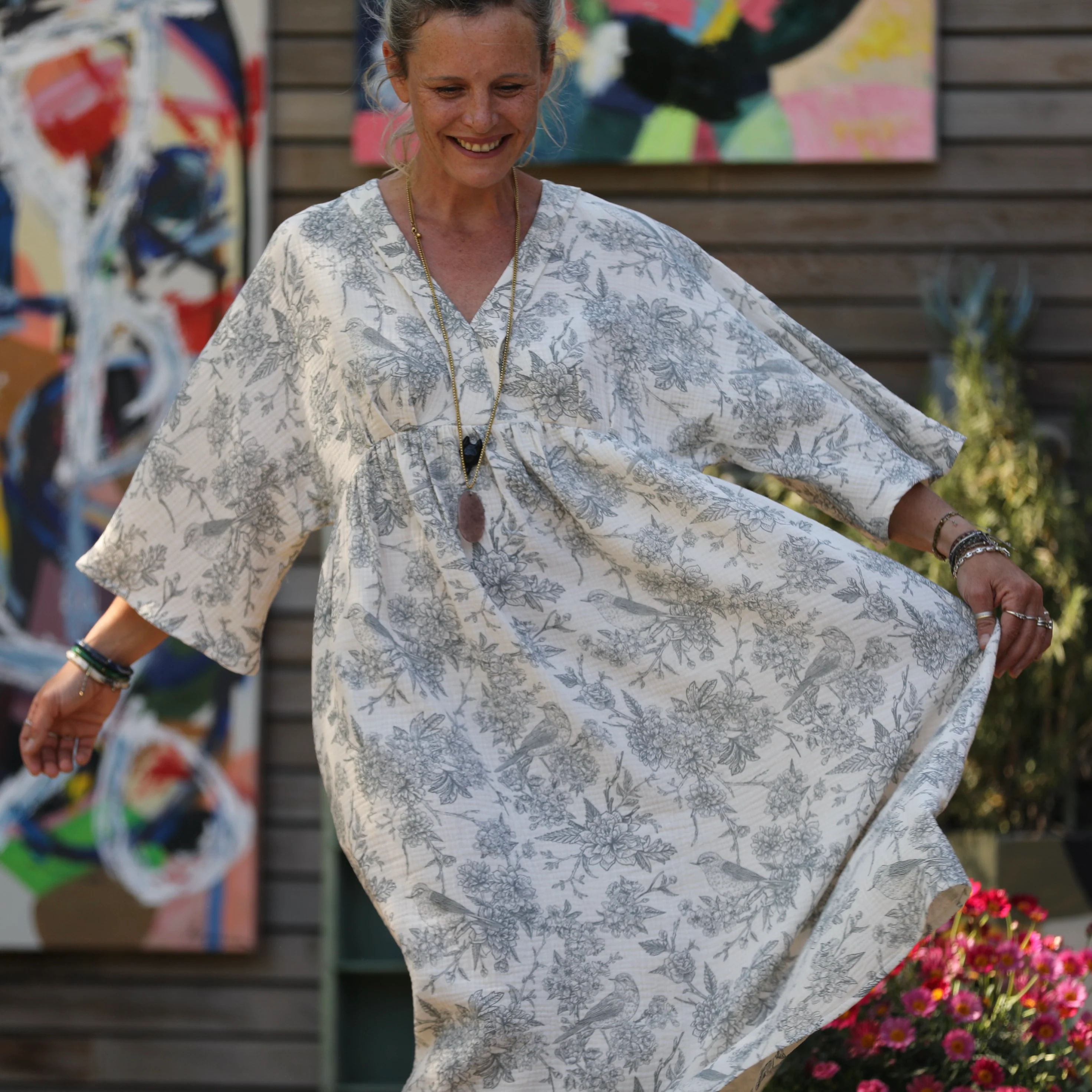 Robe Kalaya - double gaze de coton rouge-gorge gris/ivoire - Image 12