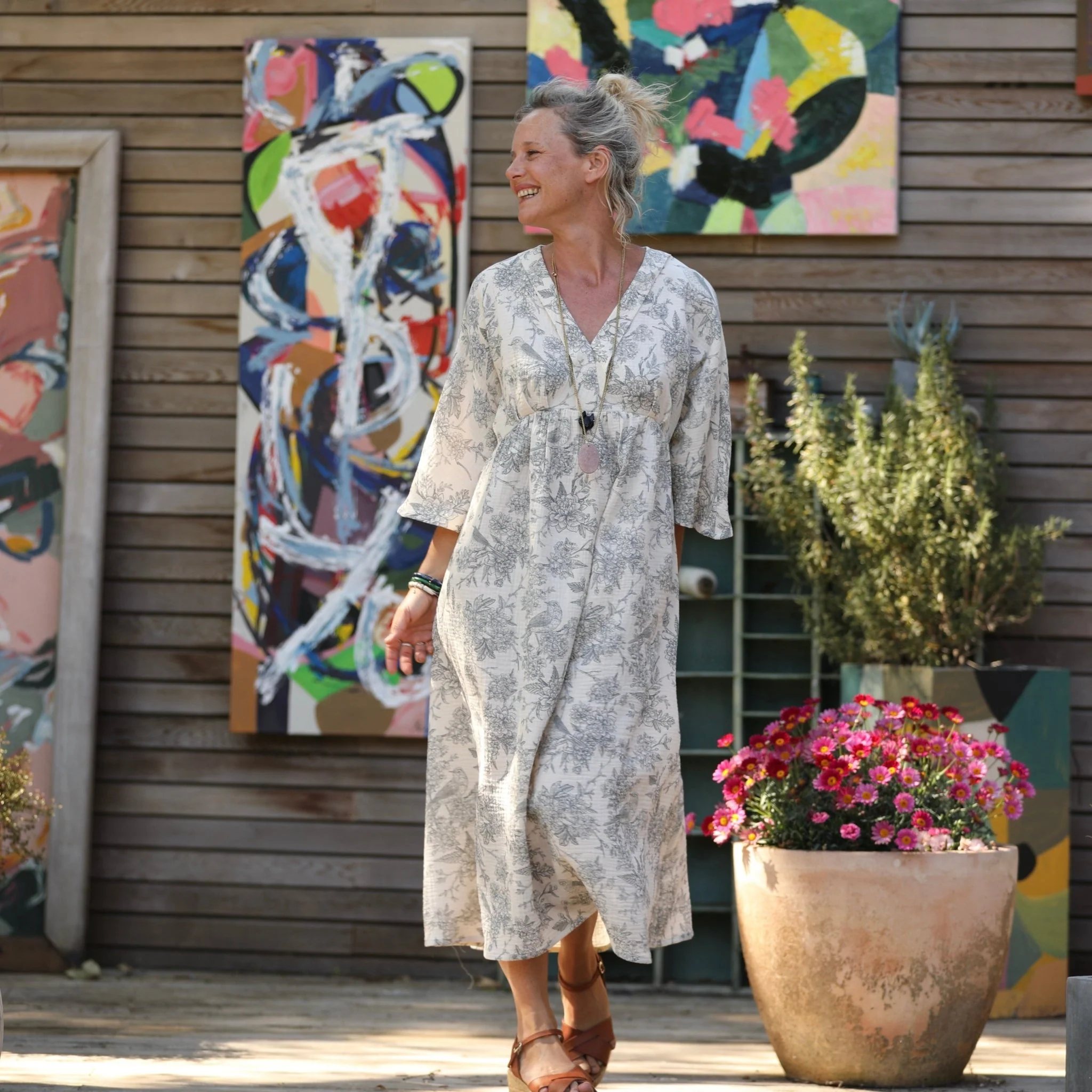 Robe Kalaya - double gaze de coton rouge-gorge gris/ivoire - Image 3