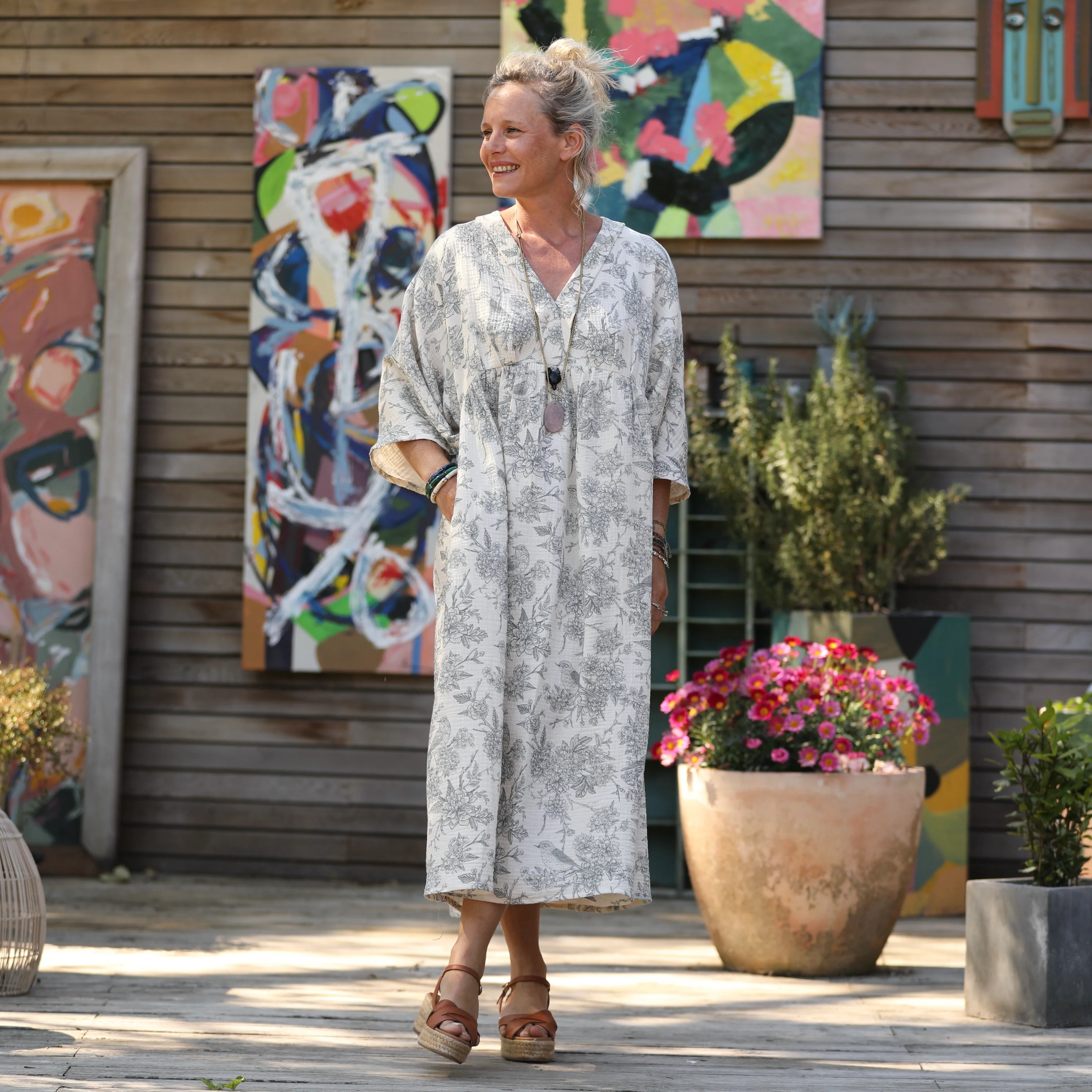 Robe Kalaya - double gaze de coton rouge-gorge gris/ivoire - Image 6