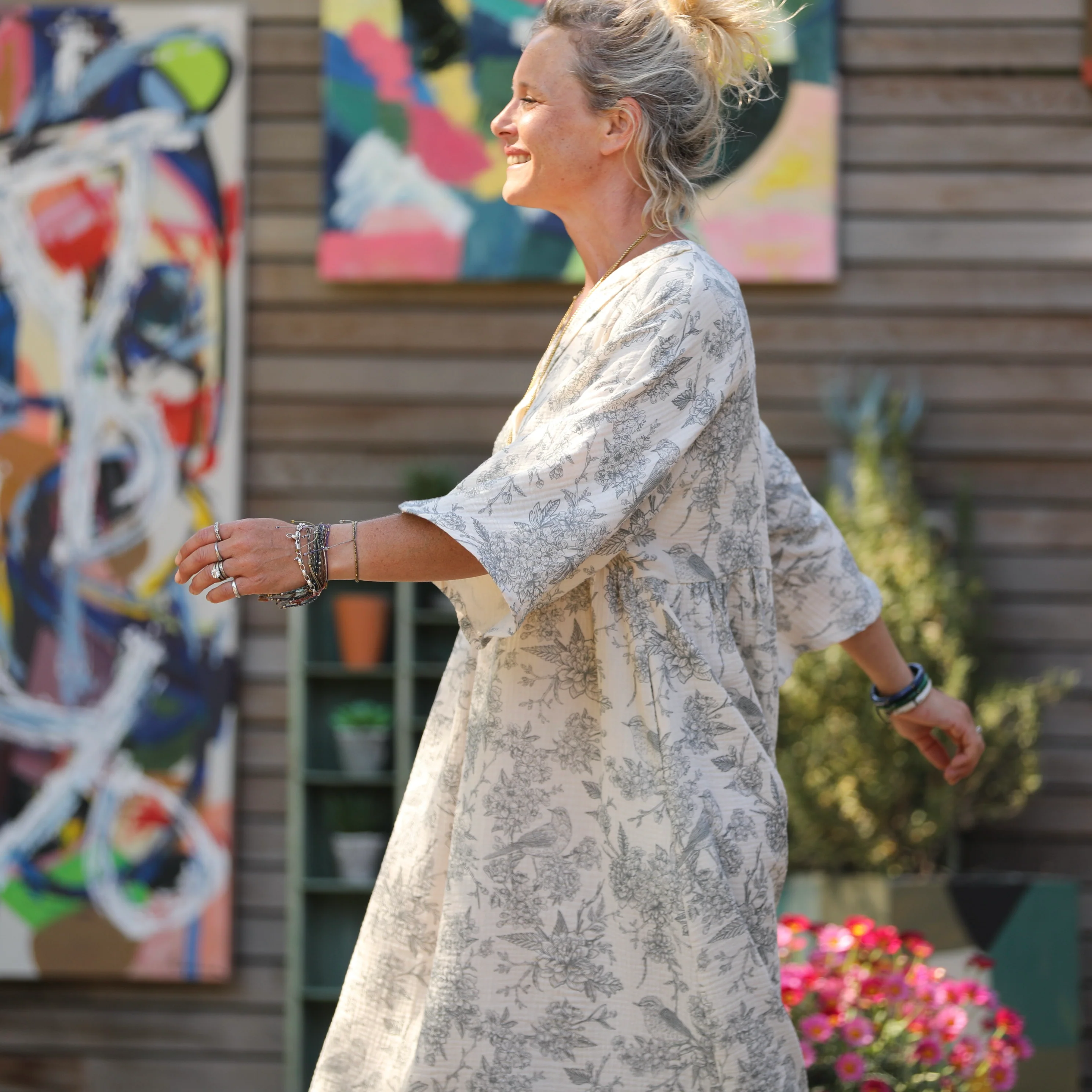 Robe Kalaya - double gaze de coton rouge-gorge gris/ivoire - Image 9