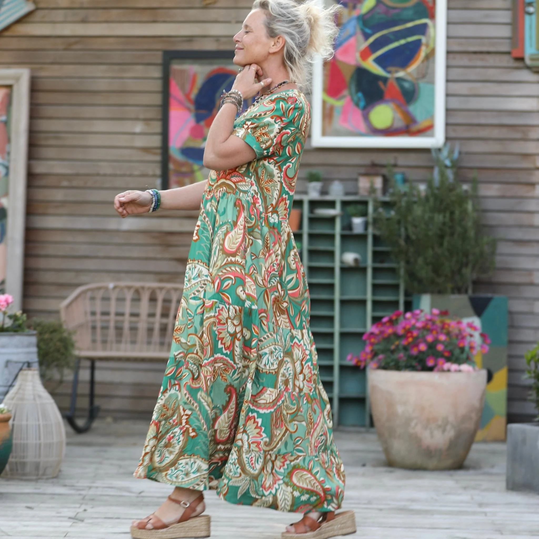 Robe Ophélie - viscose imprimé "vert lumière" - Image 6