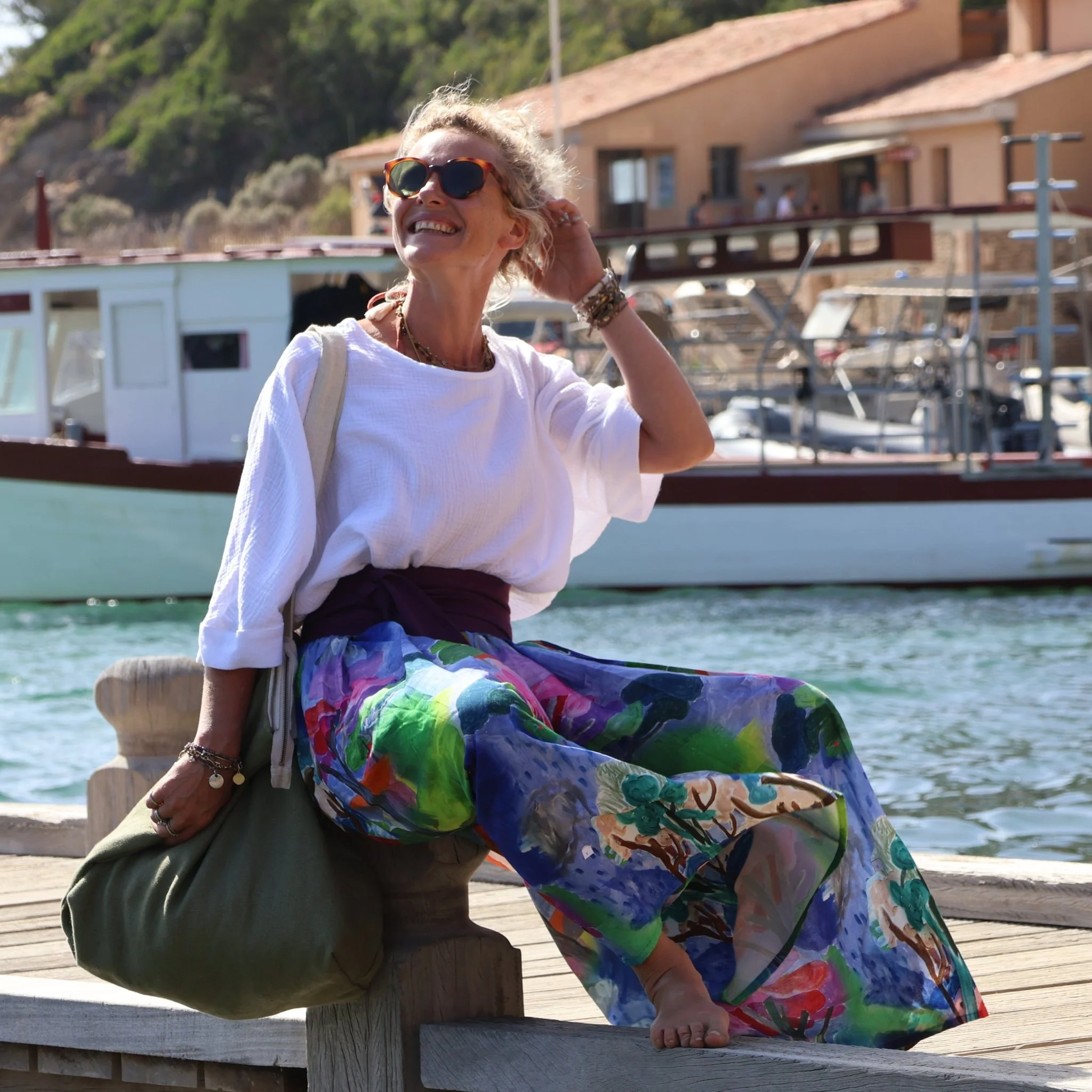 Sac Alfred en lin vert mousse - doublure en lin parme - Image 4