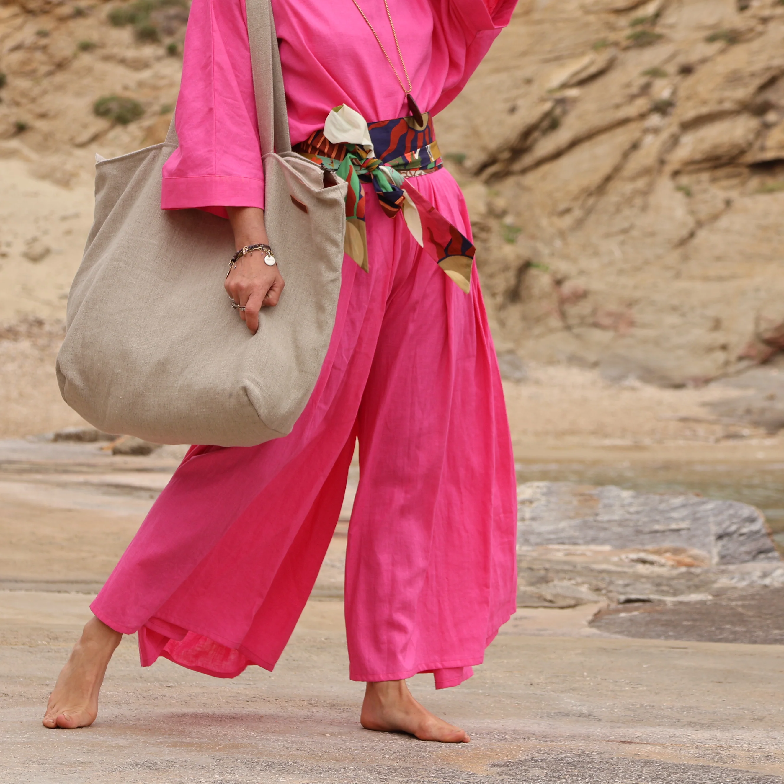 Sac Alfred en lin naturel - doublure en lin bleu majorelle - Image 3