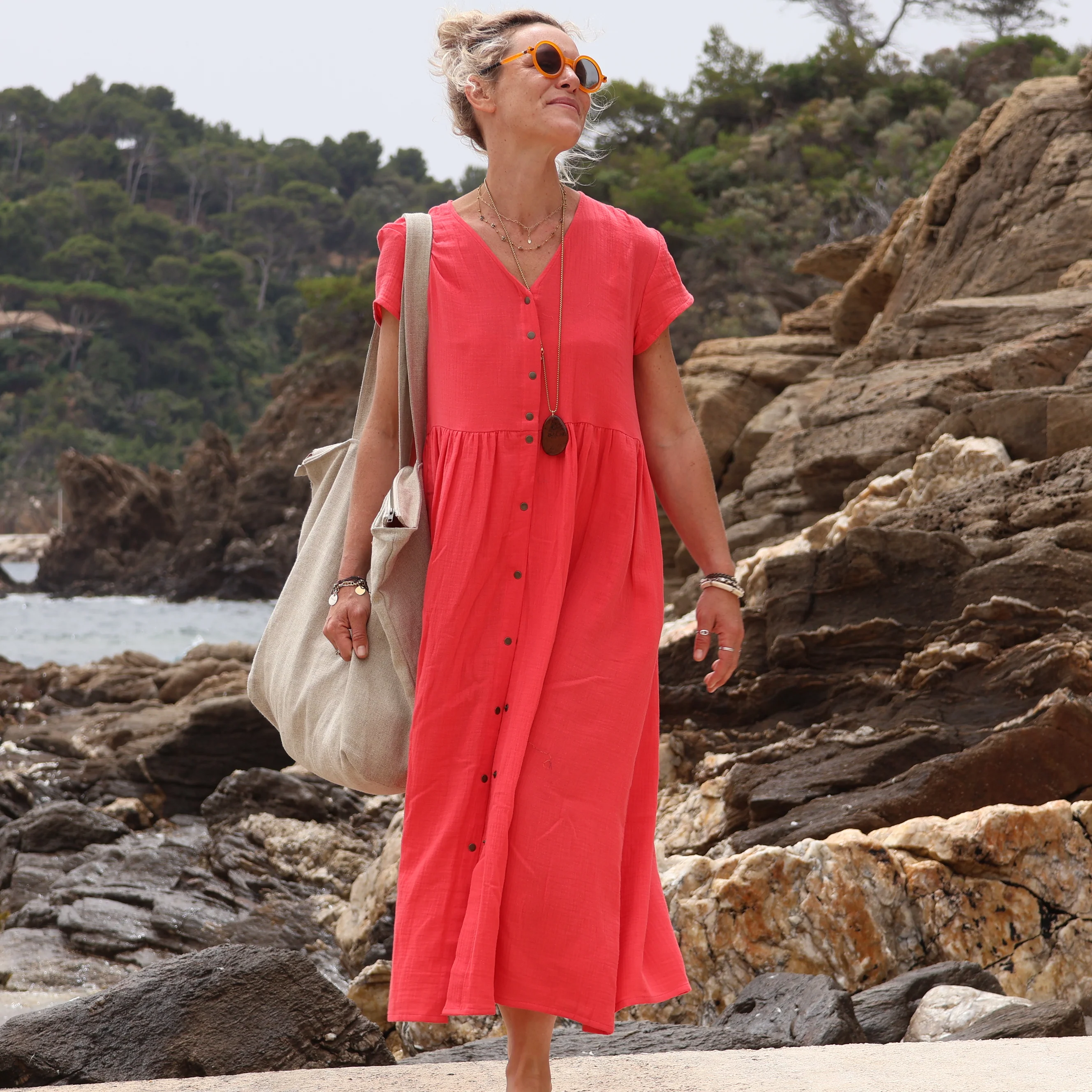 Sac Alfred en lin naturel - doublure en lin bleu majorelle - Image 14