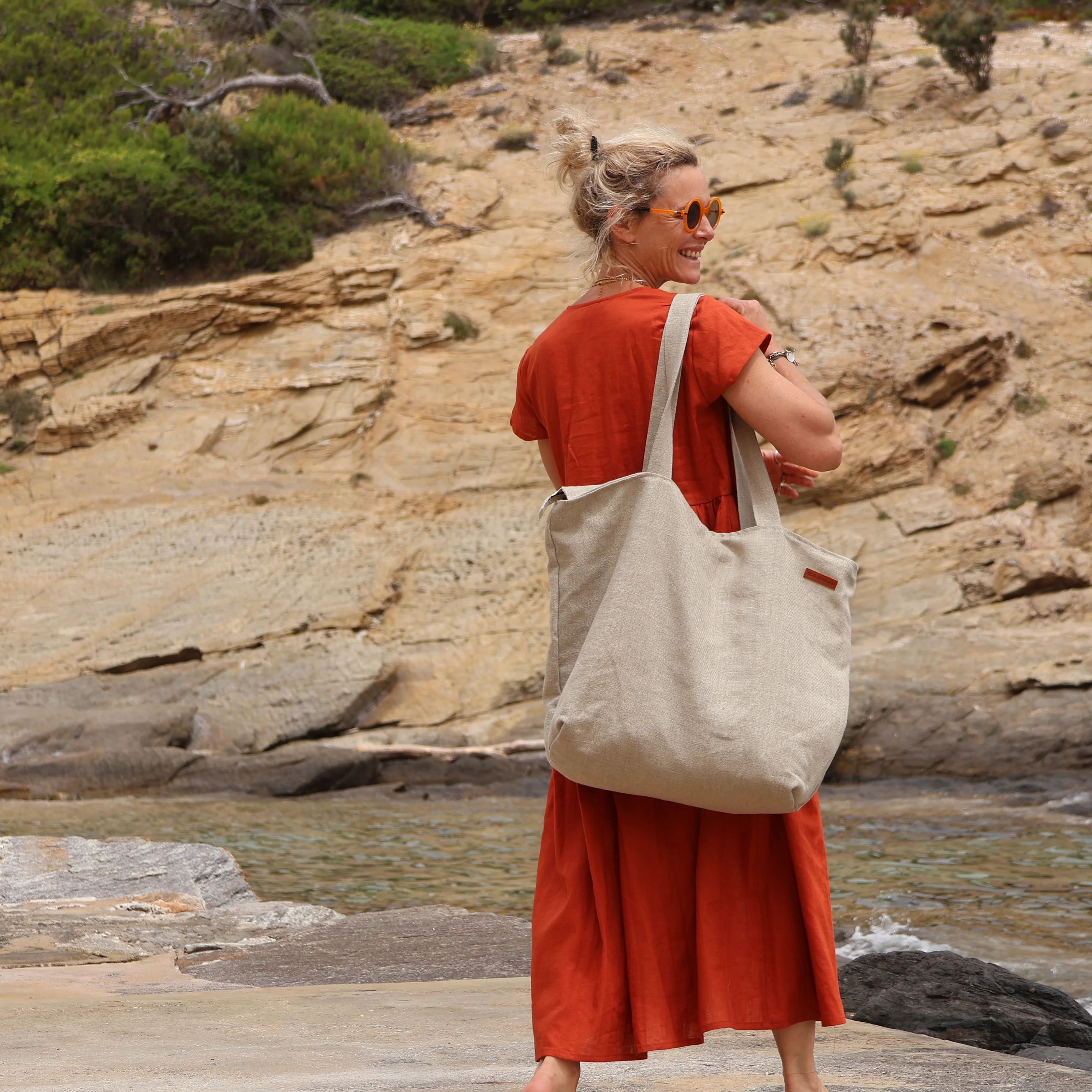 Sac Alfred en lin naturel - doublure en lin bleu majorelle - Image 20