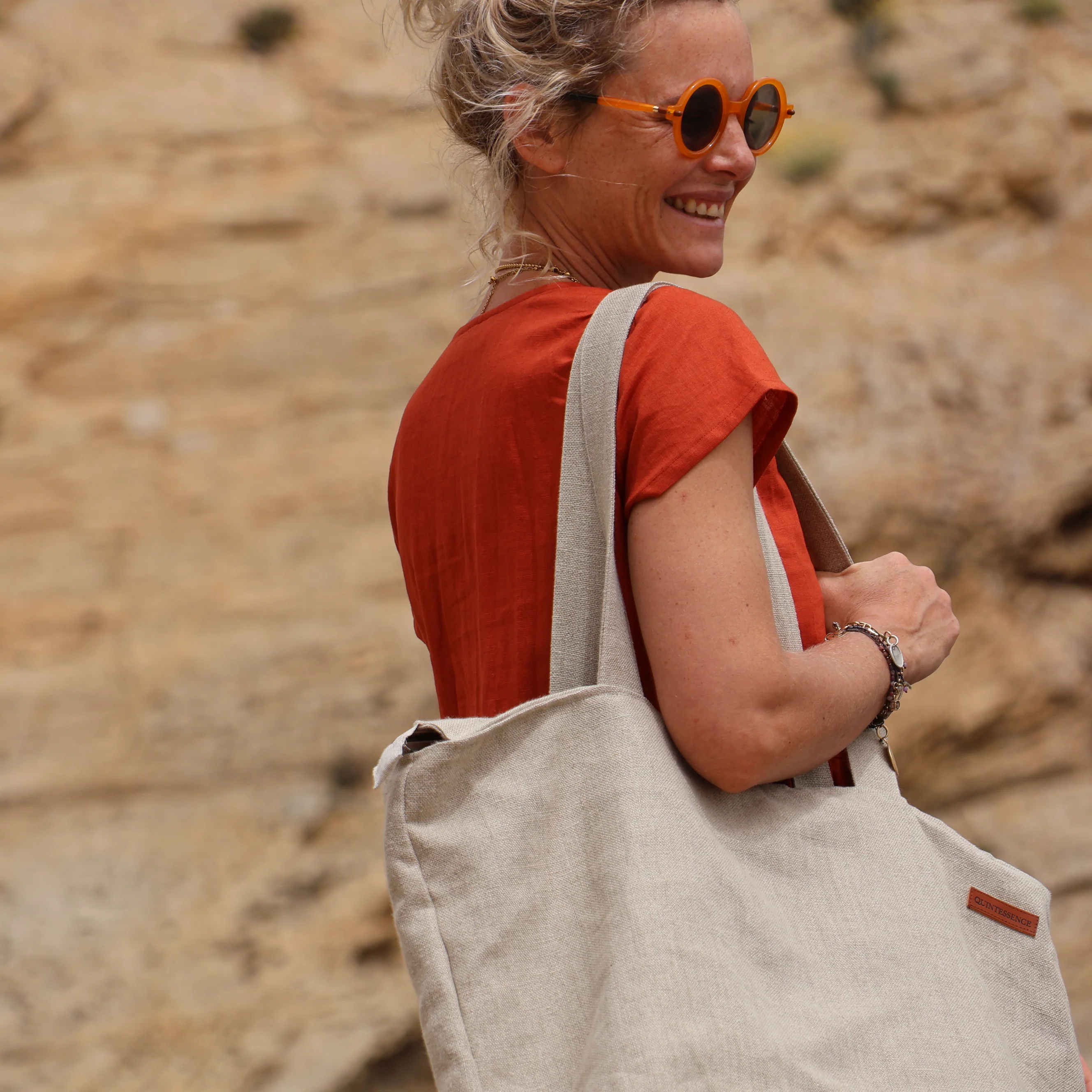 Sac Alfred en lin naturel - doublure en lin bleu majorelle - Image 21