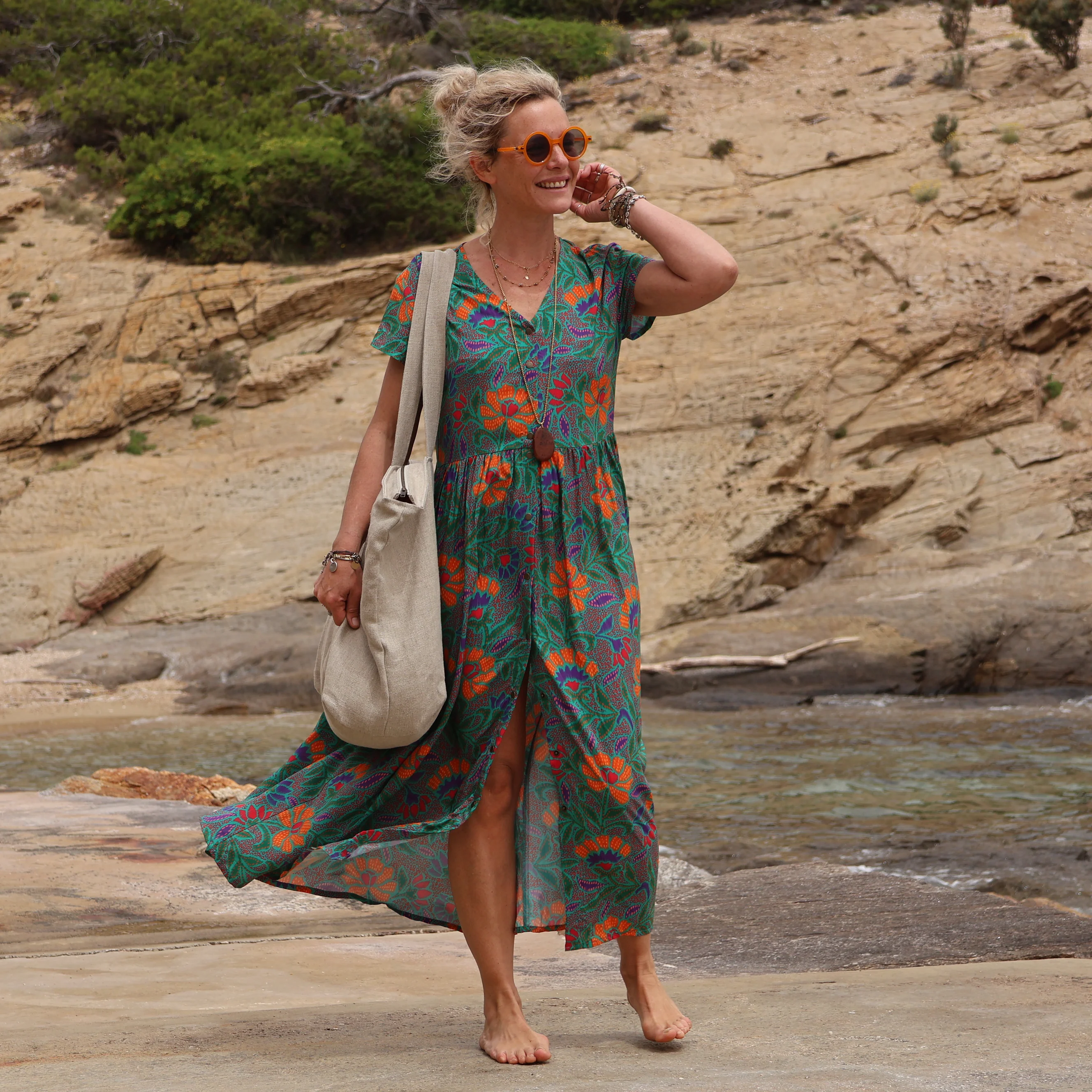 Sac Alfred en lin naturel - doublure en lin bleu majorelle - Image 5