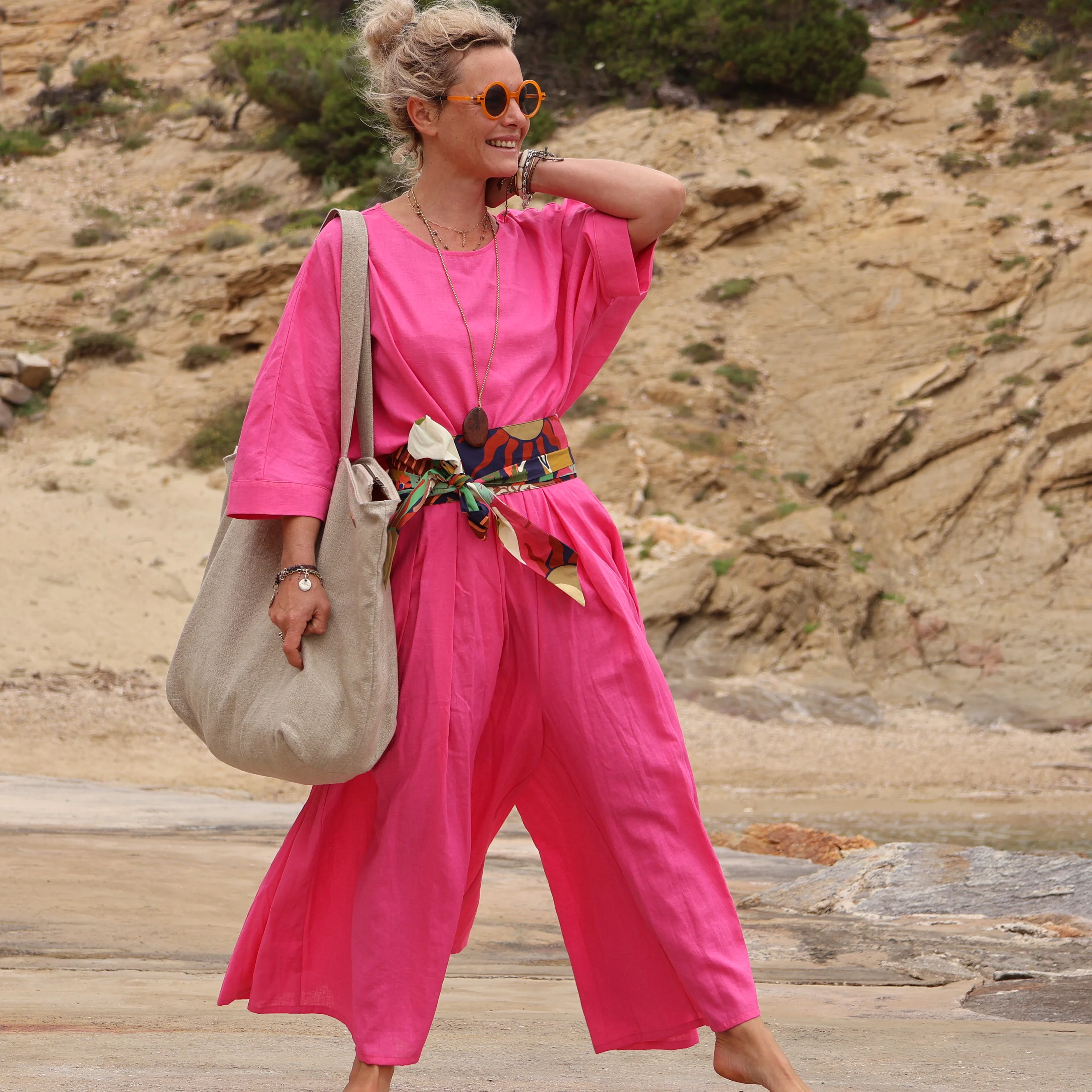 Sac Alfred en lin naturel - doublure en lin bleu majorelle - Image 8